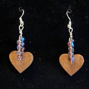 Handcrafted pink iridescent bead wood earrings with silver tone hardware